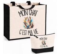 Planetee Ensemble Cabas et Trousse Mon chat c'est ma vie | Sac Coton et Jute 21 L avec Trousse Zippée 3 L Assortie | Anses 60 cm | Cadeau Amoureux et Amoureuse des Félins Anniversaire
