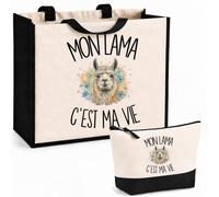 Planetee Ensemble Cabas et Trousse Mon lama c'est ma vie | Sac Coton et Jute 21 L avec Trousse Zippée 3 L Assortie | Anses 60 cm | Cadeau Éleveur et Éleveuse de Lamas Anniversaire