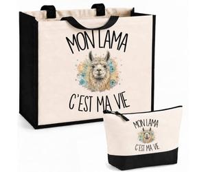 Planetee Ensemble Cabas et Trousse Mon lama c'est ma vie | Sac Coton et Jute 21 L avec Trousse Zippée 3 L Assortie | Anses 60 cm | Cadeau Éleveur et Éleveuse de Lamas Anniversaire