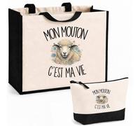 Planetee Ensemble Cabas et Trousse Mon mouton c'est ma vie | Sac Coton et Jute 21 L avec Trousse Zippée 3 L Assortie | Anses 60 cm | Cadeau Éleveur et Éleveuse de Moutons Anniversaire