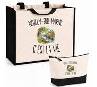 Planetee Ensemble Cabas et Trousse Neuilly-sur-Marne c’est la vie | Sac Coton et Jute 21 L avec Trousse Zippée 3 L Assortie | Anses 60 cm | Cadeau Nocéen Nocéenne Anniversaire