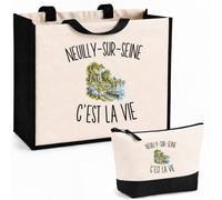 Planetee Ensemble Cabas et Trousse Neuilly-sur-Seine c’est la vie | Sac Coton et Jute 21 L avec Trousse Zippée 3 L Assortie | Anses 60 cm | Cadeau Neuilléen Neuilléenne Anniversaire