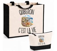 Planetee Ensemble Cabas et Trousse Quiberon c’est la vie | Sac Coton et Jute 21 L avec Trousse Zippée 3 L Assortie | Anses 60 cm | Cadeau Quiberonnais Quiberonnaise Anniversaire