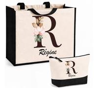 Planetee Ensemble Cabas et Trousse Régine | Sac Coton et Jute 21 L avec Trousse Zippée 3 L Assortie | Anses 60 cm | Cadeau Anniversaire