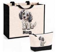 Planetee Ensemble Cabas et Trousse Setter Anglais | Sac Coton et Jute 21 L avec Trousse Zippée 3 L Assortie | Anses 60 cm | Cadeau Propriétaire Chien Anniversaire
