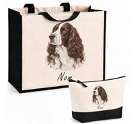 Planetee Ensemble Cabas et Trousse Springer Spaniel Anglais | Sac Coton et Jute 21 L avec Trousse Zippée 3 L Assortie | Anses 60 cm | Cadeau Propriétaire Chien Anniversaire