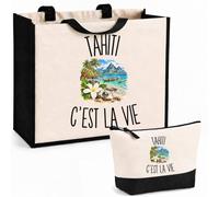 Planetee Ensemble Cabas et Trousse Tahiti c’est la vie | Sac Coton et Jute 21 L avec Trousse Zippée 3 L Assortie | Anses 60 cm | Cadeau Tahitien Tahitienne Anniversaire