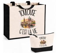Planetee Ensemble Cabas et Trousse Toulouse c'est la vie | Sac Coton et Jute 21 L avec Trousse Zippée 3 L Assortie | Anses 60 cm | Cadeau Toulousain Toulousaine Anniversaire