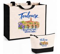 Planetee Ensemble Cabas et Trousse Toulouse, toujours une bonne idée | Sac Coton et Jute 21 L avec Trousse Zippée 3 L Assortie | Anses 60 cm | Cadeau Toulousain Toulousaine Anniversaire