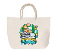 Planetee Grand Sac Cabas Beige Assistante Maternelle C'est juste la Meilleure Métier | Coton 23 L avec Anses en Corde 65 cm | Sac de Plage Marché W nd Sport | Cadeau Femme Homme Anniversaire
