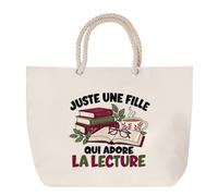 Planetee Grand Sac Cabas Beige Juste une fille qui adore la lecture | Coton 23 L avec Anses en Corde 65 cm | Sac de Plage Marché W nd Sport | Cadeau Lectrice Femme Homme Anniversaire