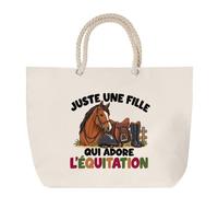 Planetee Grand Sac Cabas Beige Juste une fille qui adore l'équitation | Coton 23 L avec Anses en Corde 65 cm | Sac de Plage Marché W nd Sport | Cadeau Cavalière Femme Homme Anniversaire