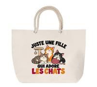 Planetee Grand Sac Cabas Beige Juste une fille qui adore les chats | Coton 23 L avec Anses en Corde 65 cm | Sac de Plage Marché W nd Sport | Cadeau Propriétaire de Chat Femme Homme Anniversaire