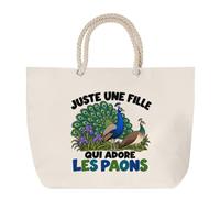 Planetee Grand Sac Cabas Beige Juste une fille qui adore les paons | Coton 23 L avec Anses en Corde 65 cm | Sac de Plage Marché W nd Sport | Cadeau Amoureuse des Oiseaux Femme Homme Anniversaire