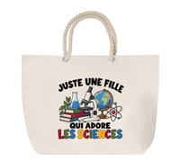 Planetee Grand Sac Cabas Beige Juste une fille qui adore les sciences | Coton 23 L avec Anses en Corde 65 cm | Sac de Plage Marché W nd Sport | Cadeau Scientifique Femme Homme Anniversaire