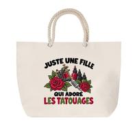 Planetee Grand Sac Cabas Beige Juste une fille qui adore les tatouages | Coton 23 L avec Anses en Corde 65 cm | Sac de Plage Marché W nd Sport | Cadeau Femme Homme Anniversaire