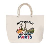 Planetee Grand Sac Cabas Beige Juste une fille qui adore Paris | Coton 23 L avec Anses en Corde 65 cm | Sac de Plage Marché W nd Sport | Cadeau Parisienne Femme Homme Anniversaire