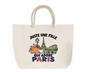 Planetee Grand Sac Cabas Beige Juste une fille qui adore Paris | Coton 23 L avec Anses en Corde 65 cm | Sac de Plage Marché W nd Sport | Cadeau Parisienne Femme Homme Anniversaire