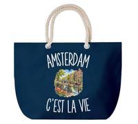 Planetee Grand Sac Cabas Bleu Marine Amsterdam c’est la vie | Coton 23 L avec Anses en Corde 65 cm | Sac de Plage Piscine Marché W nd | Cadeau Voyageur Voyageuse Femme Homme Anniversaire