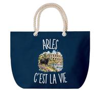 Planetee Grand Sac Cabas Bleu Marine Arles c’est la vie | Coton 23 L avec Anses en Corde 65 cm | Sac de Plage Piscine Marché W nd | Cadeau Arlésien Arlésienne Femme Homme Anniversaire