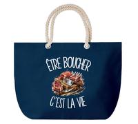 Planetee Grand Sac Cabas Bleu Marine Être boucher c'est la vie | Coton 23 L avec Anses en Corde 65 cm | Sac de Plage Piscine Marché W nd | Cadeau Artisan Femme Homme Anniversaire
