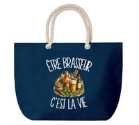 Planetee Grand Sac Cabas Bleu Marine Être brasseur c'est la vie | Coton 23 L avec Anses en Corde 65 cm | Sac de Plage Piscine Marché W nd | Cadeau Amateur de Bière Femme Homme Anniversaire