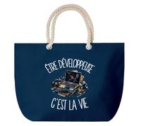 Planetee Grand Sac Cabas Bleu Marine Être développeuse c'est la vie | Coton 23 L avec Anses en Corde 65 cm | Sac de Plage Piscine Marché W nd | Cadeau Métier du Numérique Femme Homme Anniversaire