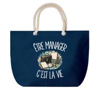 Planetee Grand Sac Cabas Bleu Marine Être manager c'est la vie | Coton 23 L avec Anses en Corde 65 cm | Sac de Plage Piscine Marché W nd | Cadeau Encadrant Encadrante Femme Homme Anniversaire