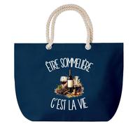 Planetee Grand Sac Cabas Bleu Marine Être sommelière c'est la vie | Coton 23 L avec Anses en Corde 65 cm | Sac de Plage Piscine Marché W nd | Cadeau Monde du Vin Femme Homme Anniversaire