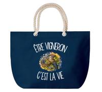 Planetee Grand Sac Cabas Bleu Marine Être vigneron c'est la vie | Coton 23 L avec Anses en Corde 65 cm | Sac de Plage Piscine Marché W nd | Cadeau Monde du Vin Femme Homme Anniversaire