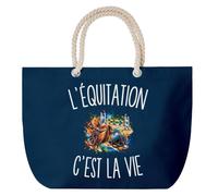Planetee Grand Sac Cabas Bleu Marine L’Équitation c’est la vie | Coton 23 L avec Anses en Corde 65 cm | Sac de Plage Piscine Marché W nd | Cadeau Cavalier Cavalière Femme Homme Anniversaire
