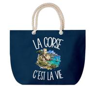 Planetee Grand Sac Cabas Bleu Marine La Corse c'est la vie | Coton 23 L avec Anses en Corde 65 cm | Sac de Plage Piscine Marché W nd | Cadeau Corse de Cœur Femme Homme Anniversaire