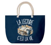 Planetee Grand Sac Cabas Bleu Marine La lecture c'est la vie | Coton 23 L avec Anses en Corde 65 cm | Sac de Plage Piscine Marché W nd | Cadeau Lecteur Lectrice Femme Homme Anniversaire