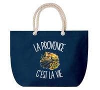 Planetee Grand Sac Cabas Bleu Marine La Provence c'est la vie | Coton 23 L avec Anses en Corde 65 cm | Sac de Plage Piscine Marché W nd | Cadeau Provençal Provençale Femme Homme Anniversaire