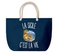 Planetee Grand Sac Cabas Bleu Marine La Sicile c’est la vie | Coton 23 L avec Anses en Corde 65 cm | Sac de Plage Piscine Marché W nd | Cadeau Voyageur Voyageuse Femme Homme Anniversaire