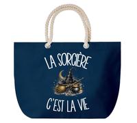 Planetee Grand Sac Cabas Bleu Marine La sorcière c'est la vie | Coton 23 L avec Anses en Corde 65 cm | Sac de Plage Piscine Marché W nd | Cadeau Fan de Magie Femme Homme Anniversaire