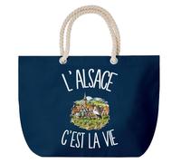 Planetee Grand Sac Cabas Bleu Marine L'Alsace c'est la vie | Coton 23 L avec Anses en Corde 65 cm | Sac de Plage Piscine Marché W nd | Cadeau Alsacien Alsacienne Femme Homme Anniversaire
