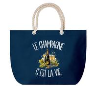 Planetee Grand Sac Cabas Bleu Marine Le champagne c'est la vie | Coton 23 L avec Anses en Corde 65 cm | Sac de Plage Piscine Marché W nd | Cadeau Bon Vivant Bonne Vivante Femme Homme Anniversaire