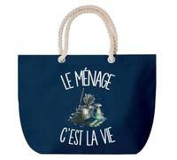Planetee Grand Sac Cabas Bleu Marine Le ménage c'est la vie | Coton 23 L avec Anses en Corde 65 cm | Sac de Plage Piscine Marché W nd | Cadeau Fée du Logis Femme Homme Anniversaire
