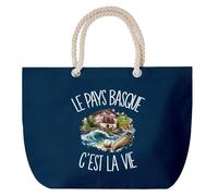 Planetee Grand Sac Cabas Bleu Marine Le Pays basque c'est la vie | Coton 23 L avec Anses en Corde 65 cm | Sac de Plage Piscine Marché W nd | Cadeau Euskadi de Cœur Femme Homme Anniversaire