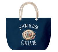 Planetee Grand Sac Cabas Bleu Marine Le point de croix c'est la vie | Coton 23 L avec Anses en Corde 65 cm | Sac de Plage Piscine Marché W nd | Cadeau Brodeur Brodeuse Femme Homme Anniversaire