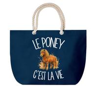 Planetee Grand Sac Cabas Bleu Marine Le poney c'est la vie | Coton 23 L avec Anses en Corde 65 cm | Sac de Plage Piscine Marché W nd | Cadeau Cavalier Cavalière Femme Homme Anniversaire