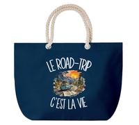 Planetee Grand Sac Cabas Bleu Marine Le road-trip c'est la vie | Coton 23 L avec Anses en Corde 65 cm | Sac de Plage Piscine Marché W nd | Cadeau Voyageur Voyageuse Femme Homme Anniversaire