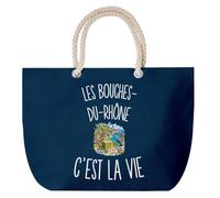 Planetee Grand Sac Cabas Bleu Marine Les Bouches-du-Rhône c’est la vie | Coton 23 L avec Anses en Corde 65 cm | Sac de Plage Piscine Marché W nd | Cadeau Femme Homme Anniversaire
