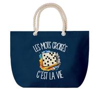 Planetee Grand Sac Cabas Bleu Marine Les mots croisés c'est la vie | Coton 23 L avec Anses en Corde 65 cm | Sac de Plage Piscine Marché W nd | Cadeau Cruciverbiste Femme Homme Anniversaire