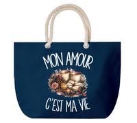 Planetee Grand Sac Cabas Bleu Marine Mon amour c'est ma vie | Coton 23 L avec Anses en Corde 65 cm | Sac de Plage Piscine Marché W nd | Cadeau Amoureux Amoureuse Femme Homme Anniversaire