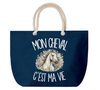 Planetee Grand Sac Cabas Bleu Marine Mon cheval c'est ma vie | Coton 23 L avec Anses en Corde 65 cm | Sac de Plage Piscine Marché W nd | Cadeau Cavalier Cavalière Femme Homme Anniversaire
