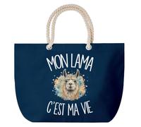 Planetee Grand Sac Cabas Bleu Marine Mon lama c'est ma vie | Coton 23 L avec Anses en Corde 65 cm | Sac de Plage Piscine Marché W nd | Cadeau Éleveur et Éleveuse de Lamas Femme Homme Anniversaire