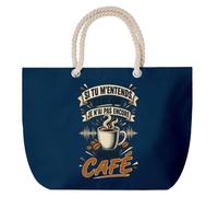 Planetee Grand Sac Cabas Bleu Marine Si tu m'entends, c'est que je n'ai pas encore mon café Humour Beauf et drôle | Coton 23 L avec Anses en Corde 65 cm | Sac de Plage Piscine Marché W nd