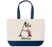 Planetee Grand Sac Cabas Fond Bleu Albertine | Toile de Coton 170 g/m² 27 L Poche Intérieure Anses 64 cm | Courses Shopping Plage | Cadeau Femme Homme Anniversaire Noël